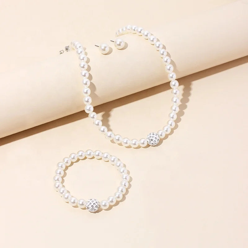 Temperament Pearl Decor Necklace Bracelet Earrings Faux Pearl Jewelry Sets for Women Girls
