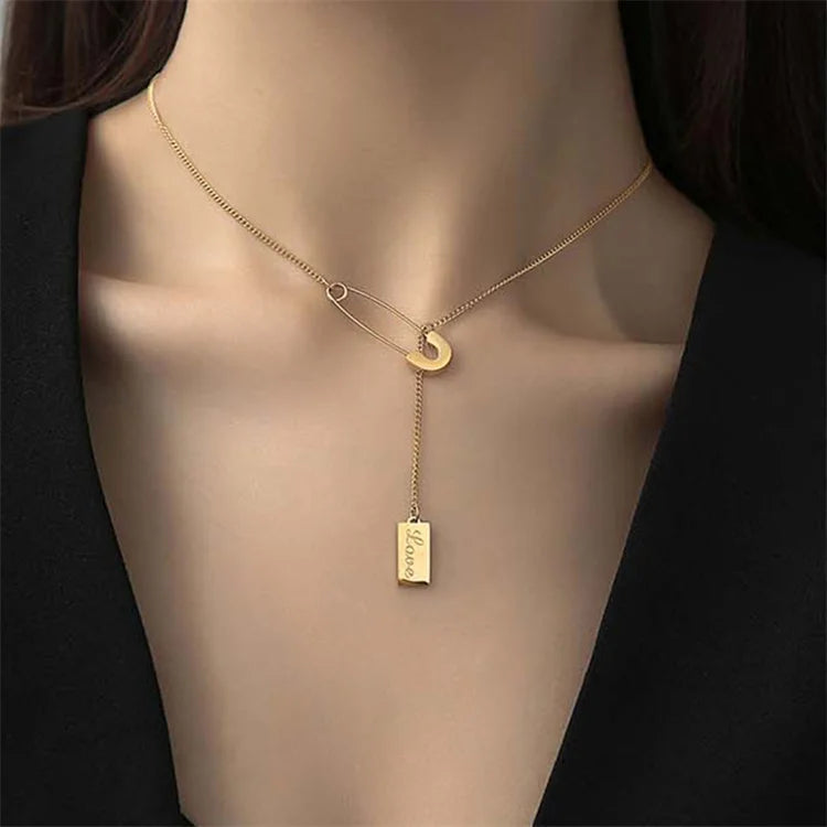 Wholesale New Stainless Steel Gold Plated Trendy Fashion Square Necklace Tassel Paper Clip Necklace