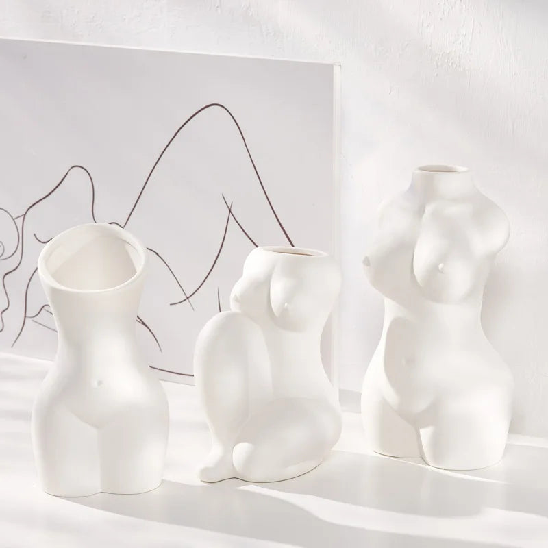 Nordic White Ceramic Flower Vase Contemporary Design Style for Living Room Decoration and Character Sculpture