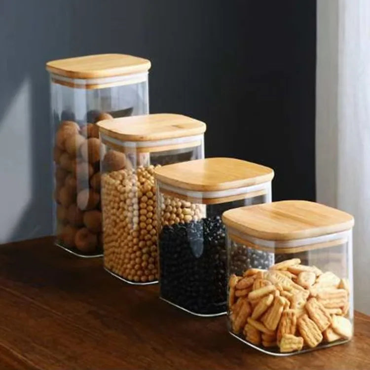 300ml 2000ml 1000ml 500ml 750ml Square Glass Containers for Food Storage With Bamboo Lid