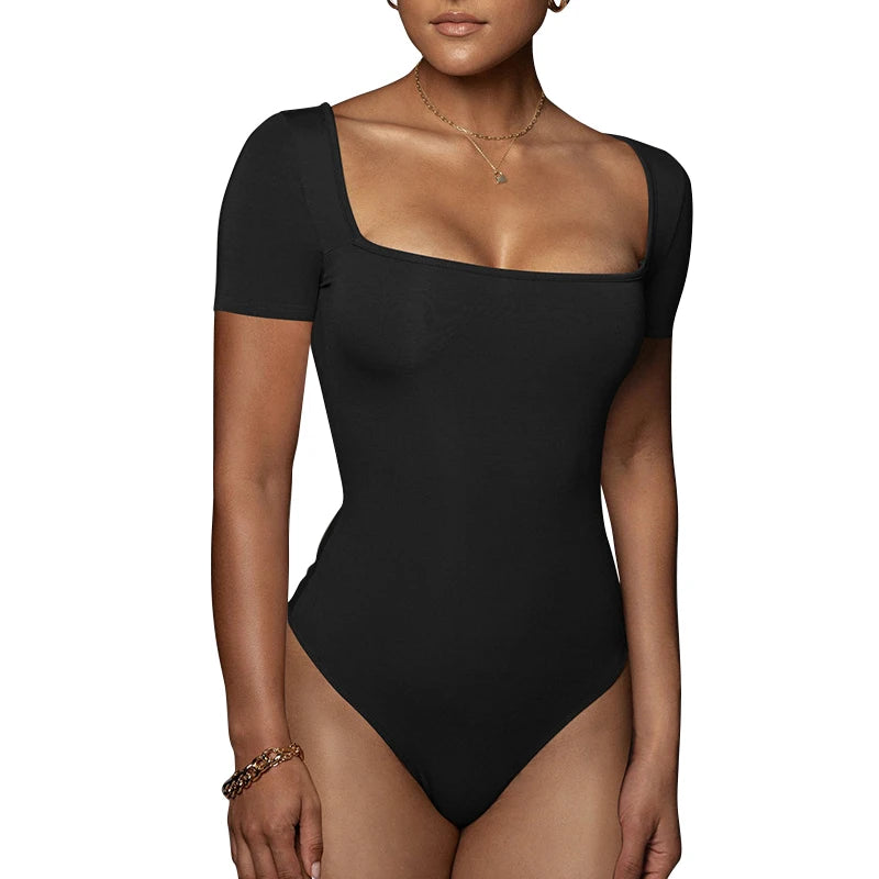 Women's Summer Casual Sportswear Short Sleeve One Piece Bodysuit with Hollow out Decoration above Knee Length Solid Pattern