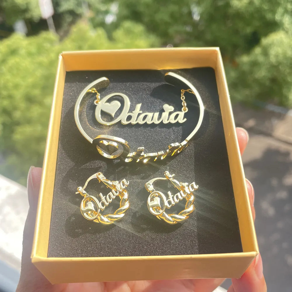 Qiuhan OEM Stainless Steel Personalized Customized Name 18mm Hoop Earrings Kid Custom Name Jewelry Set