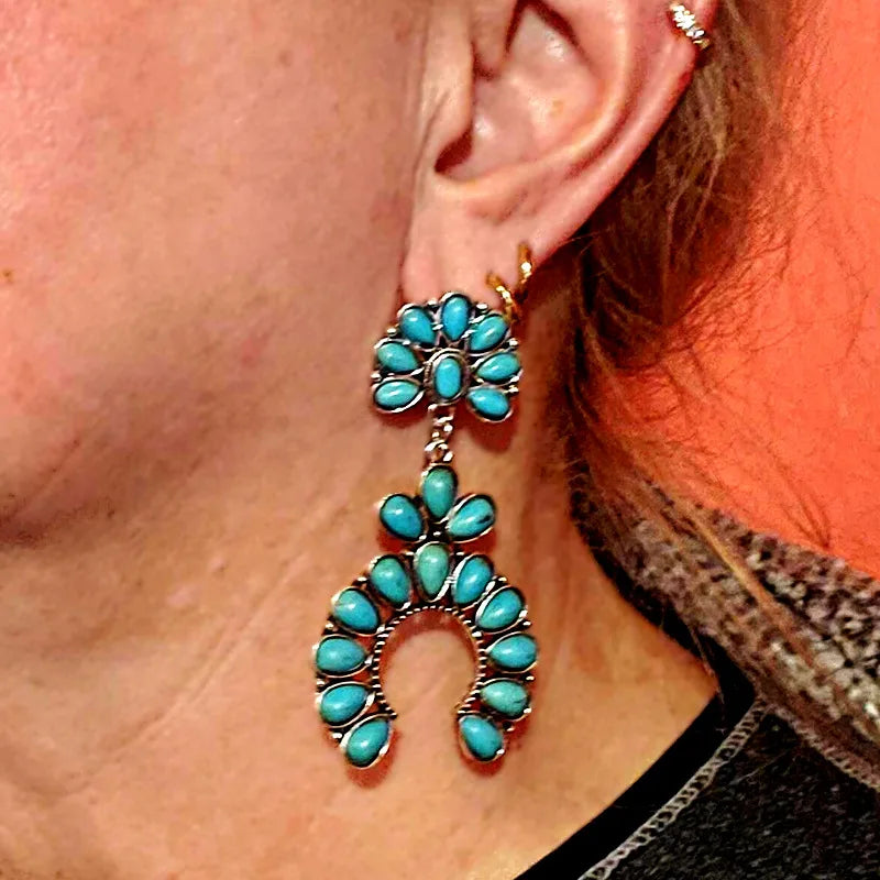 SC Hot Selling Exaggerated Statement Earrings Vintage Big C Shape Earrings Temperament Bohemia Turquoise Hoop Earrings for Women