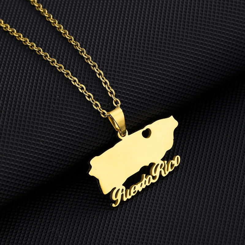 High Polished 18K Gold Plated Stainless Steel Puerto Ricos Necklace Puerto Ricos Map Pendant Necklace
