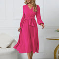 S-2XL New Long Sleeve Slim Pleated Belt V-neck Dress Women's A-line Dress Lantern Sleeve  Evening Dresses