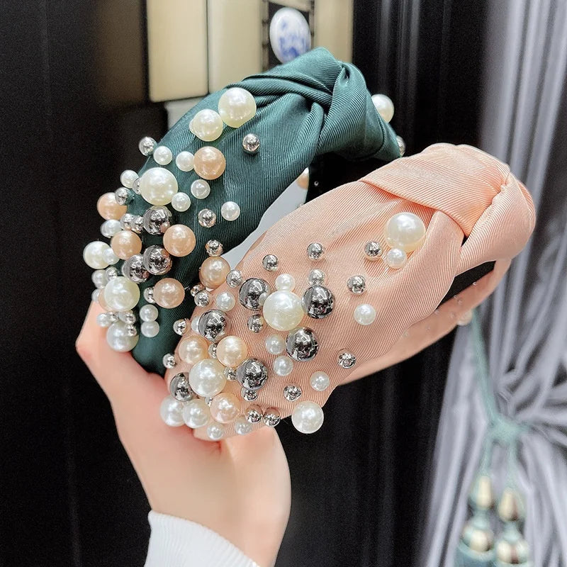 Fashion Girls Luxury Hair Accessories Bling Hairbands Pearl Rhinestone Knot Headband for Women