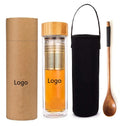 Hand-made Modern Design Dishwasher Safe 350ML 15oz Bamboo Lid Travel Mug Strainer Glass Tea Tumbler for Tea Coffee Fruit