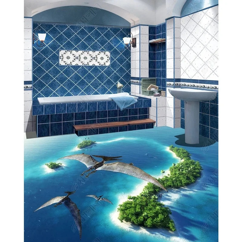 Modern Bird's-eye View Island Turbulent Waves Printed Self-adhesive Waterproof Eco-friendly 3D PVC Living Room Bathroom Floor