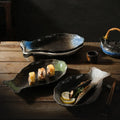 Japanese Style Ceramic Fish Dish Eco-Friendly Household Sushi Plate with Creative Blue and Green Glaze Leaf Shaped