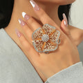 Fashionable NEW EXAGGERATED OPENING STEREO NOBLE TEMPERAMENT VINTAGE Hollow OUT INLAYS DIAMOND Flower BIG Ring