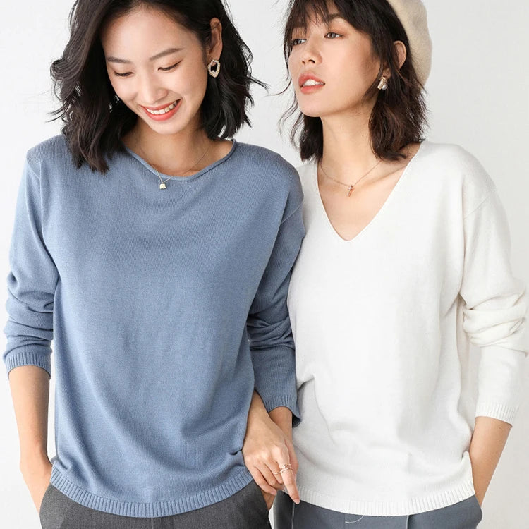 10 Colors New Wool Blend Cardigan Women Round Neck V-neck Loose Short Pullover Top Girls Soft Silky Bottoming Knitted Sweater