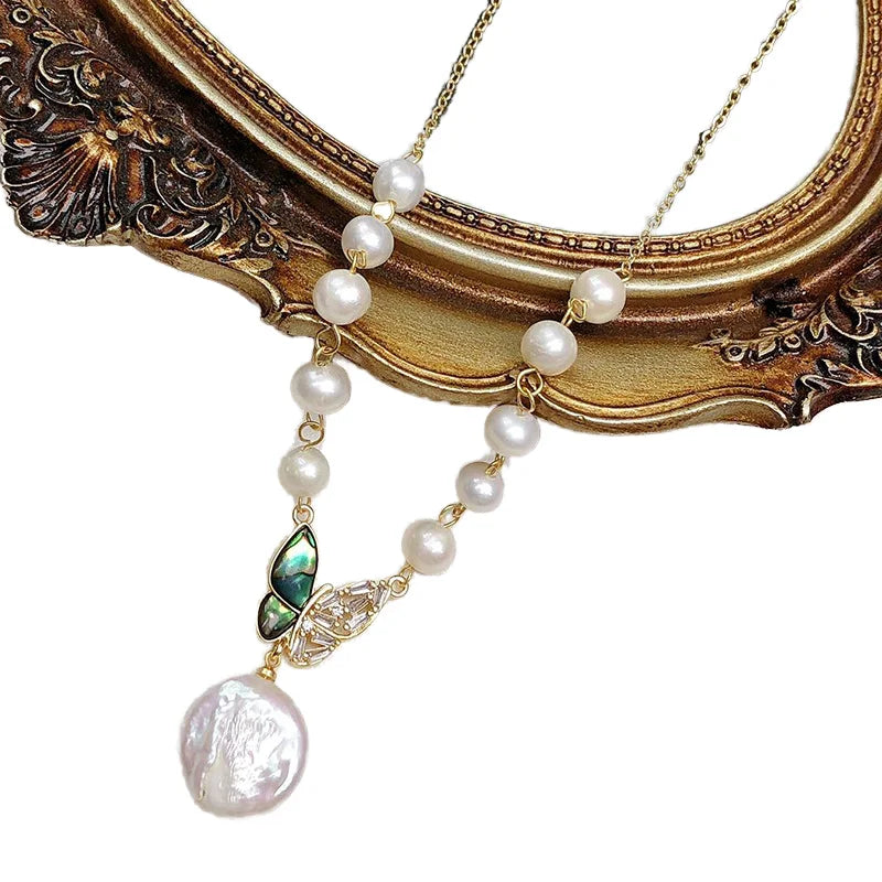 Wholesale Women Baroque Beaded Pearl Necklaces Shell butterfly Pendant Freshwater Pearl Necklace Jewelry for Girls Gift