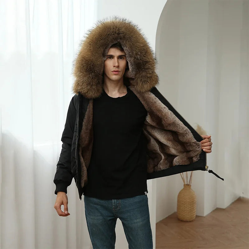 OFTBUY 2024 Men's Casual Winter Parka Bomber Jacket Real Natural Raccoon Fur Collar Warm Thick Hooded Coat Detachable Streetwear