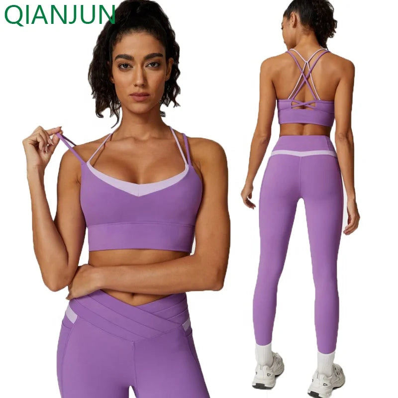 Wholesale Fitness Sports Women Gym Soft Breathable 2 Piece Yoga Leggings Sets Solid Color Workout Yoga Set
