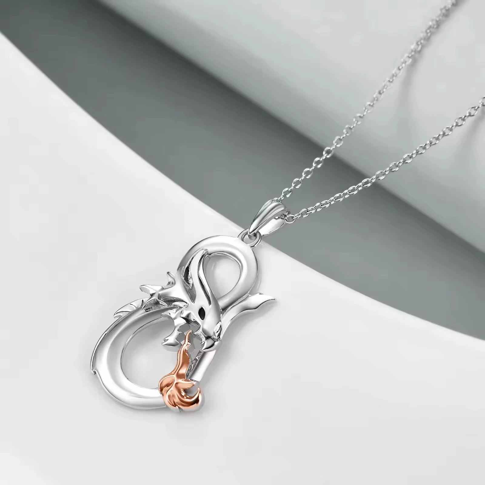 S925 Sterling Silver Two Tone Infinity Fire Breathing Dragon Pendant Necklace