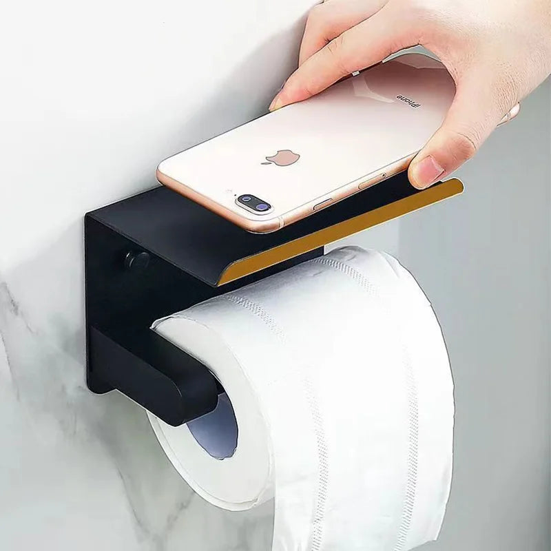 Modern Stainless Steel Wall Mount Toilet Paper Holder with Phone Shelf for Bathroom Use