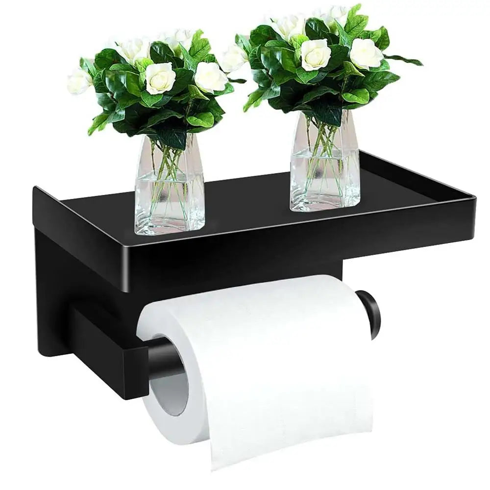 Wall Mounted 304 Stainless Steel Black Toilet Paper Holder and Phone Shelf Storage Set for Hotel Washrooms