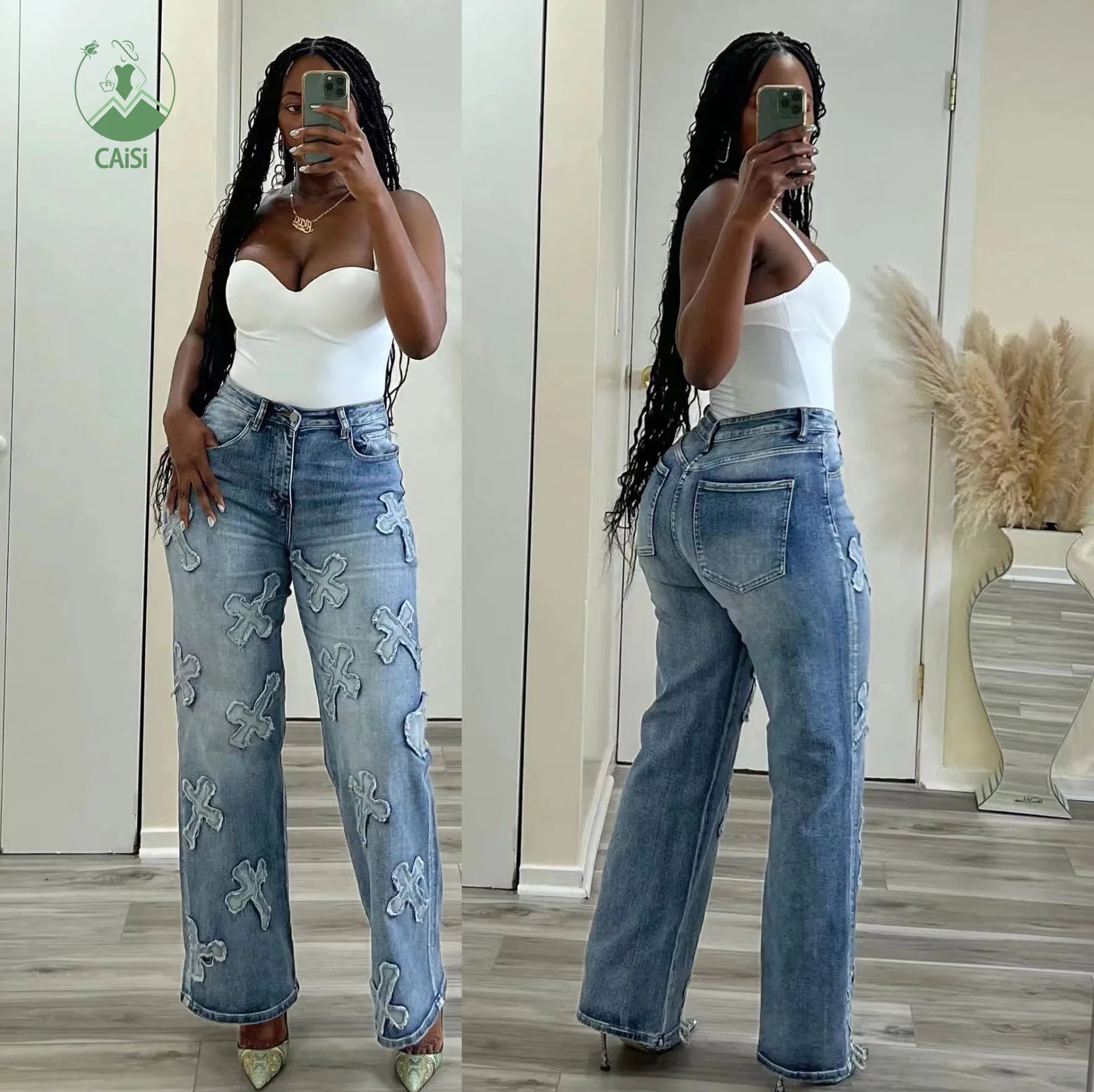 2025 Fashion Women's Cross Jeans Pants High Waist Retro Straight Denim Trousers Women Y2k Streetwear Girls Denim Pants