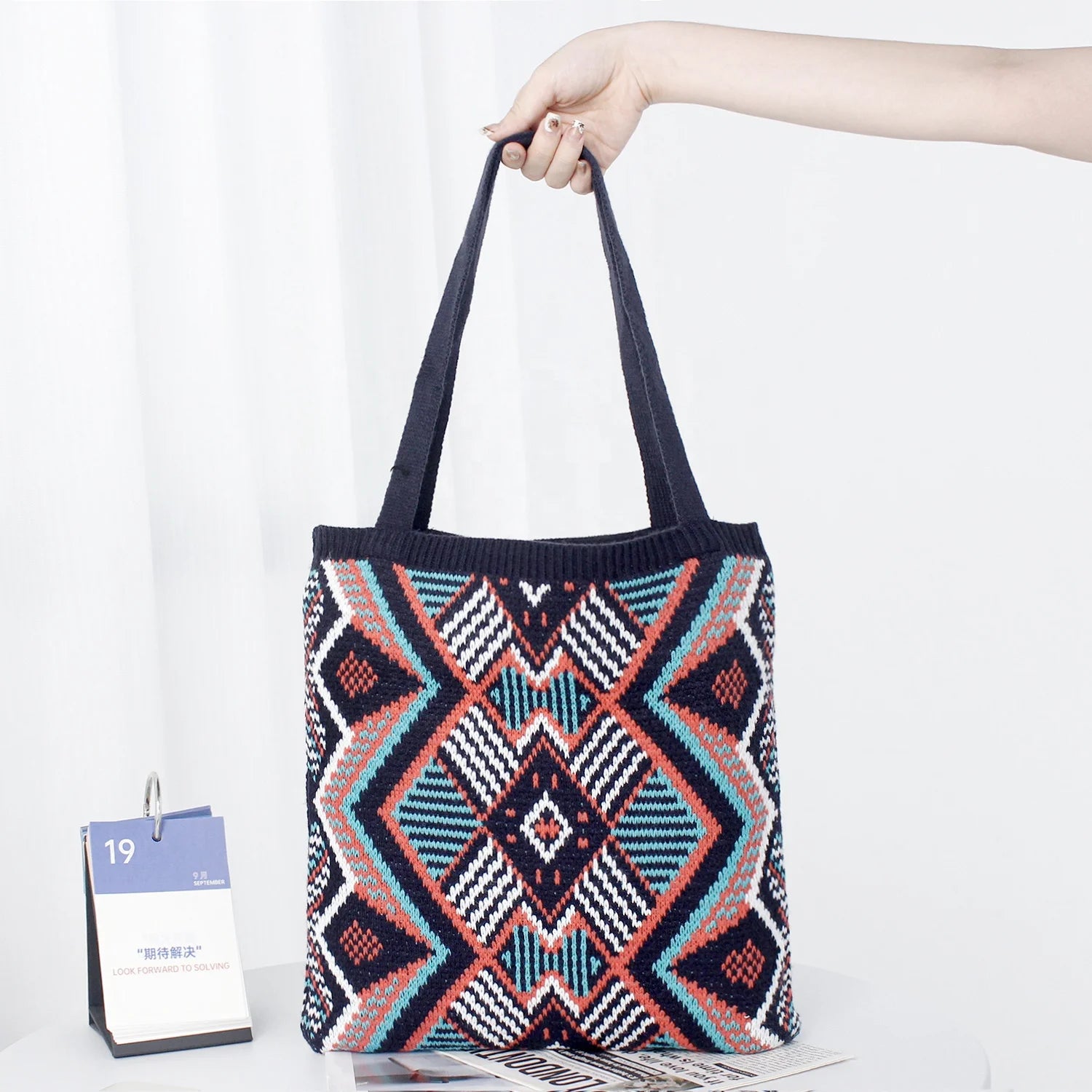 Hot Sale Daily Winter Vintage Lady Bohemian Open Top Tote Bag Women Soft Warm Woven Knitted Crochet Underarm Hobo Geometric