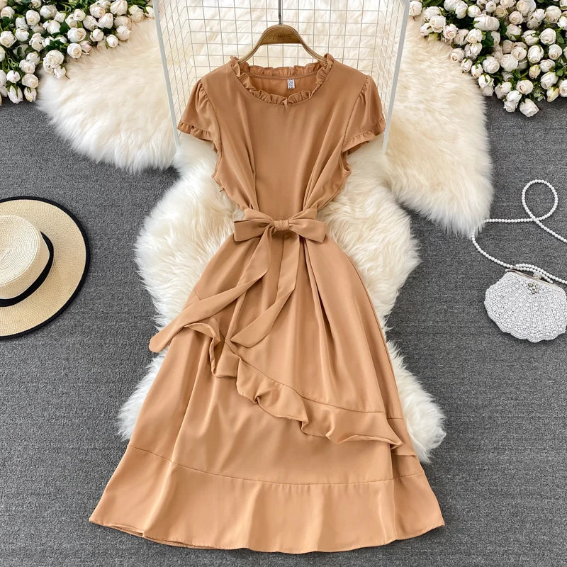 10%OFF Summer Fashion Temperament Waist Slim Ruffled Sleeveless Round Neck Dress Elegant Holiday Dress