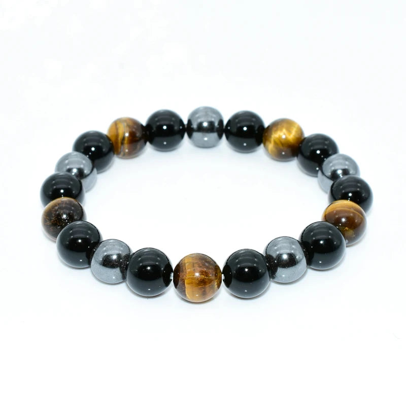 Wholesale Price 4/ 6/8/10/12/14mm Tiger Eye & Hematite & Black Obsidian Natural Stone Triple Protection Bracelet