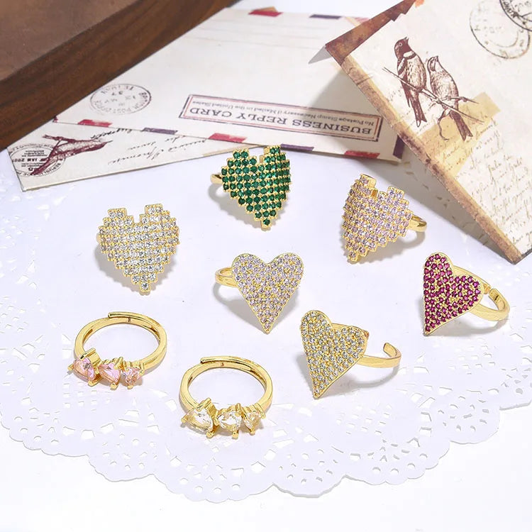 RM1554 Chic 18K Gold Pink Green Clear Diamond CZ Heart Stacking Rings Engagement Ring Gift for Her