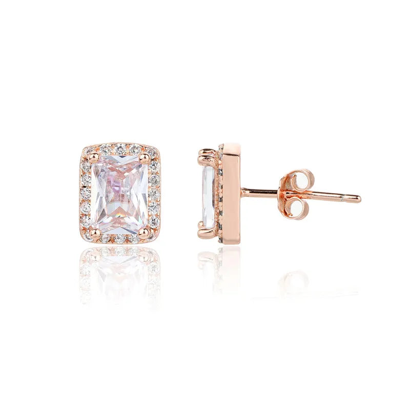 925 Silver Wholesale Fine Jewelry Earrings Geometric Square Zircon Versatile Rose Gold Stud Earrings