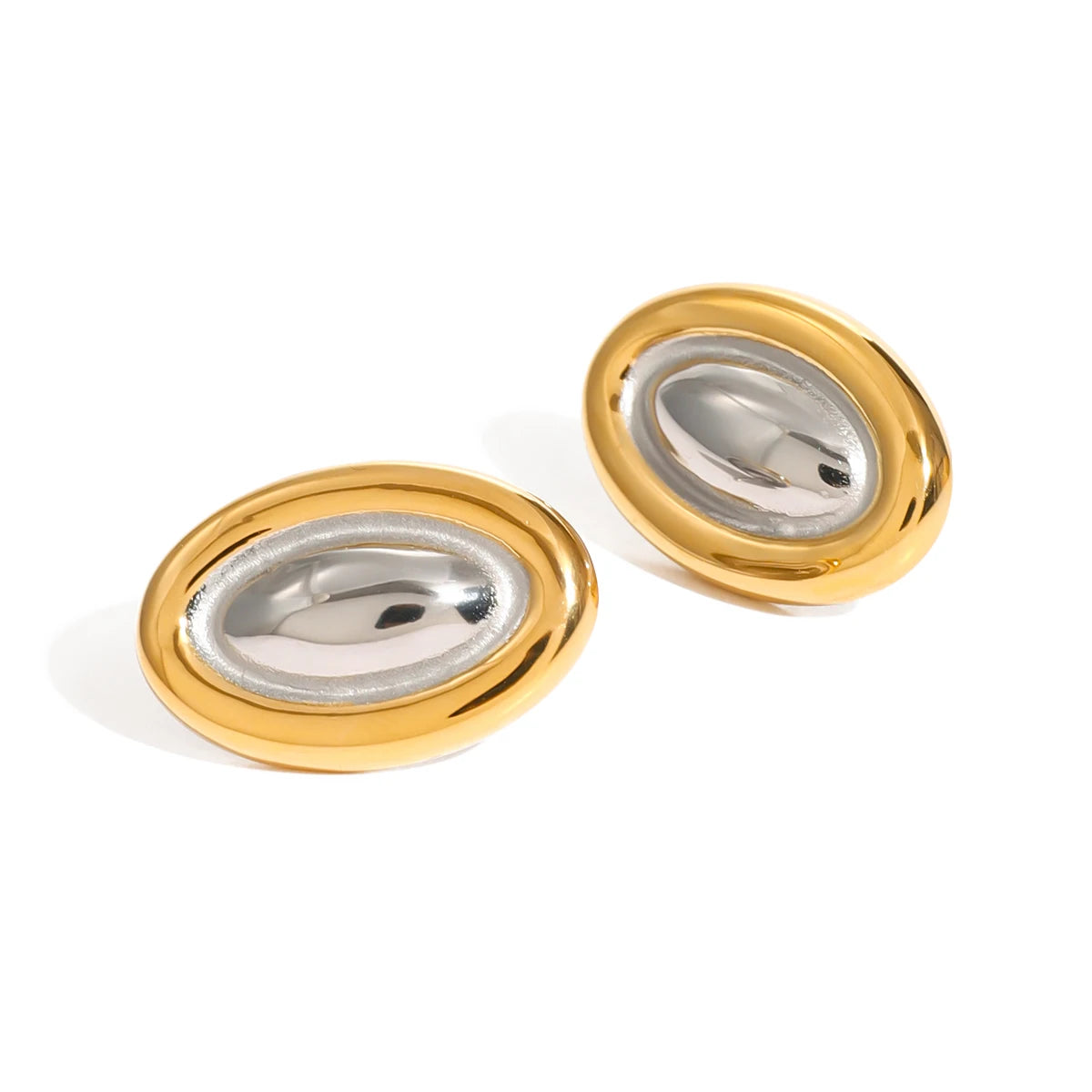 J&D 18K Gold Plated Stainless Steel Two-tone Oval Earrings Gold and Steel Hypoallergenic Statement Jewelry