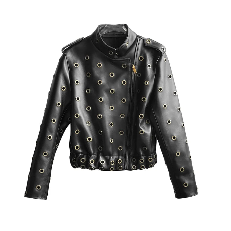 High Quality Hollow Out Design Crop Genuine Sheepskin Leather Jacket Women