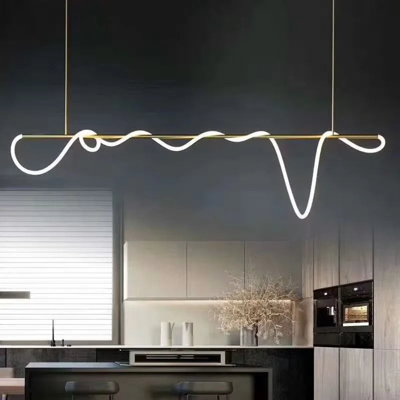 Nordic Simple Long Strip Pendant Light Modern Luxury Kitchen Island Dining Room LED Chandelier Hanging Installation Iron Gold