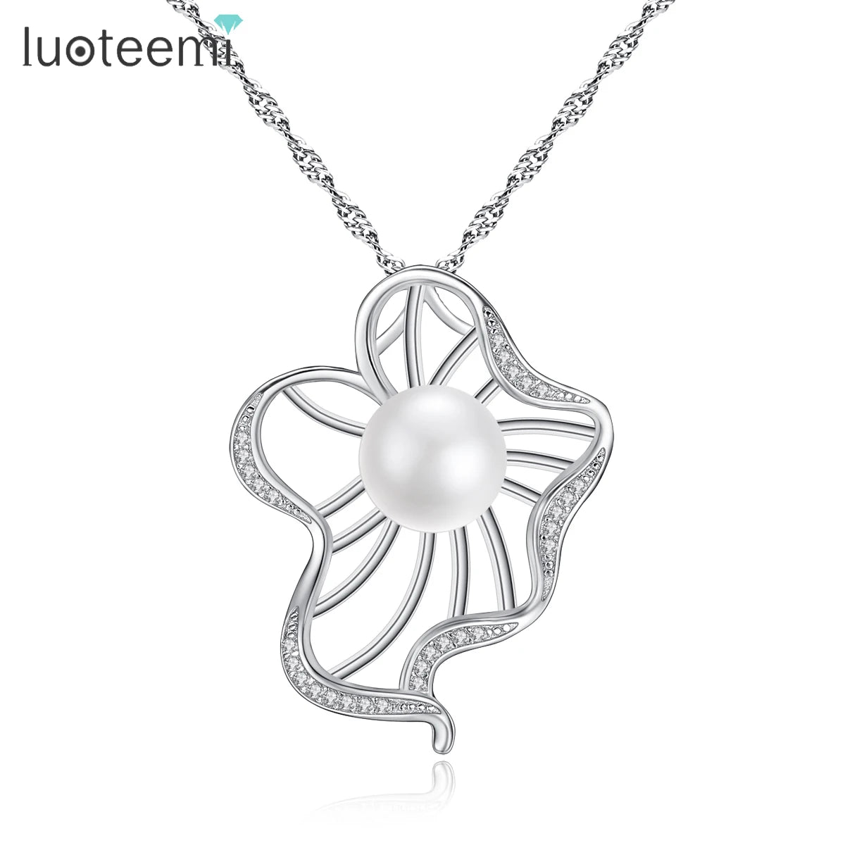 CZCITY Elegant Fashion Big Flower Pearl Pendant Necklace 925 Sterling Silver Women Anniversary Jewelry