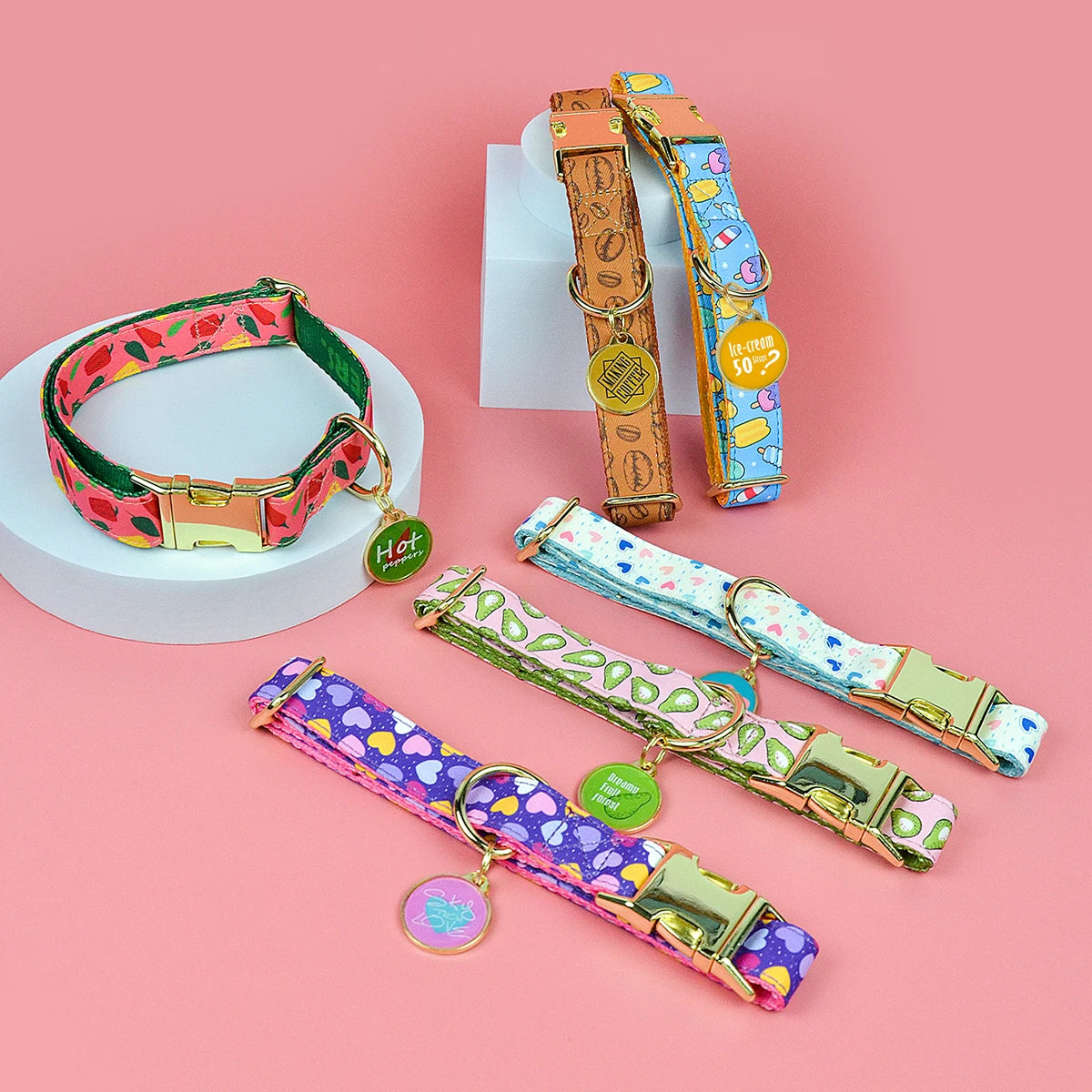 MIDEPET Cute Design Dog Cat Collar with Gold Metal Pendant New Year Valentine's Day Gift Nylon Accessory