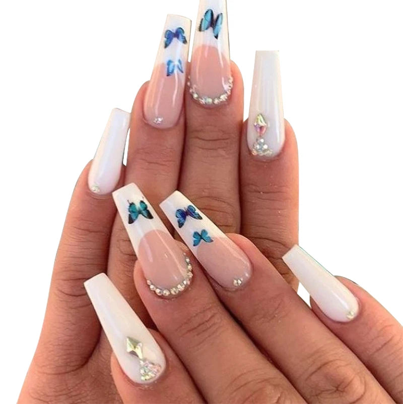 Reusable Bling Impress Long Coffin Nails Women Luxury Handmade Design Press on Nails With Rhinestones Artificial Fingernails