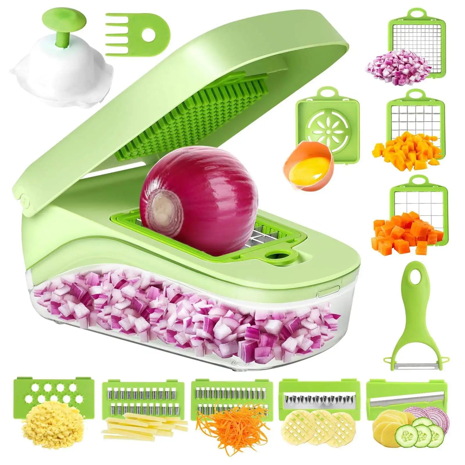 17in1 Stainless Steel Manual Multifunctional Food Cutter Mini Kitchen Tool Cutting Fruits Onions Veggies Garlic Lemon Shredding