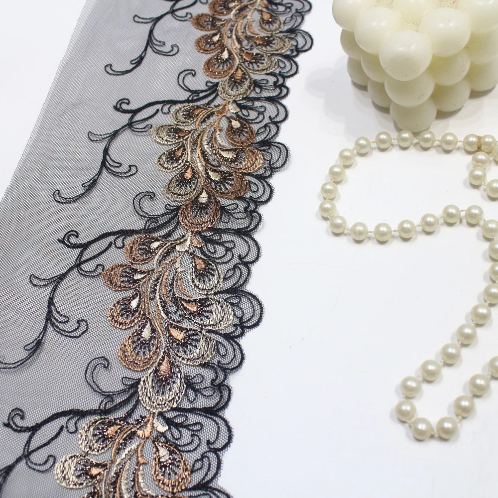 Luxury 13CM Black Tulle Shiny Flower Embroidery Lace Voile Border Lace Trim with Metallic Thread for Women Abaya Dress Sewing