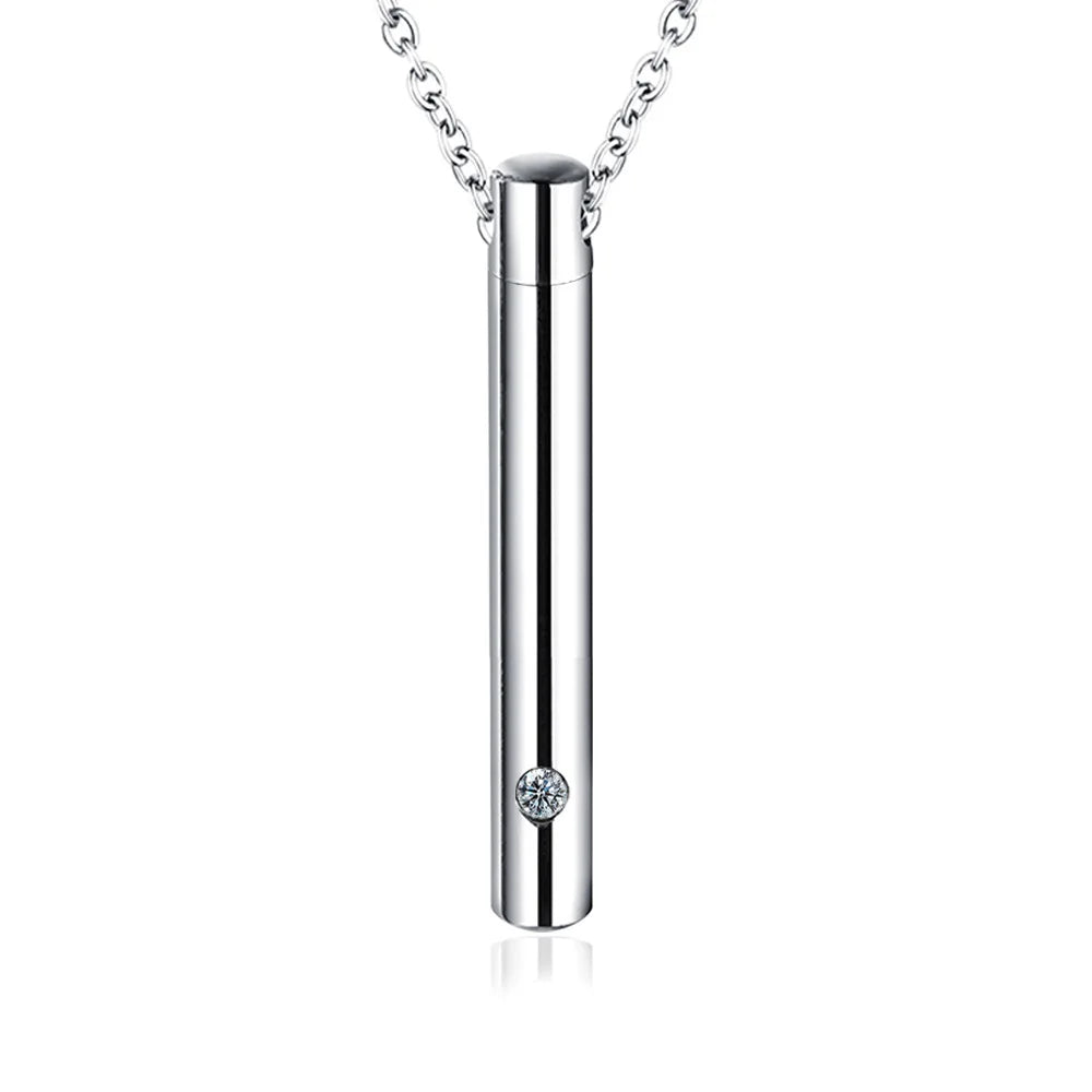 Crystal Cremation Urn Necklaces Stainless Steel Vertical Cylinder Bar Memorial Keepsake Gift Jewelry Pendant Ashes Holder Locket