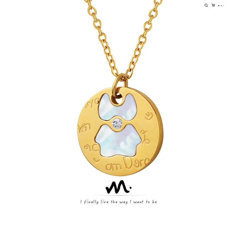 Hot Selling 18K Gold Plated Necklace with Cute White Sea Shell Round Plaque and Zirconia Bear Pendant Linked Shape Pattern