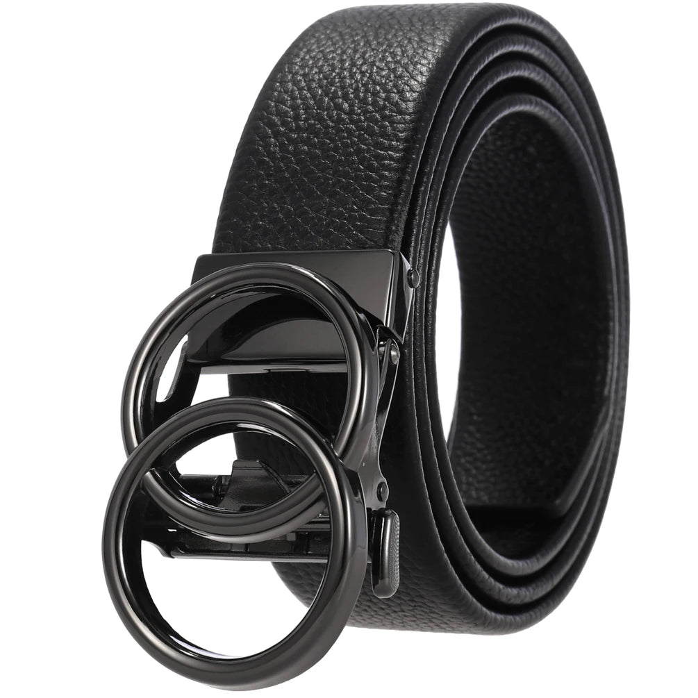 Hot Selling Automatic Mens Belts Genuine Leather Luxury Double Ring Buckle Ratchet Belt for Men Adjustable No-Hole Dress Belt