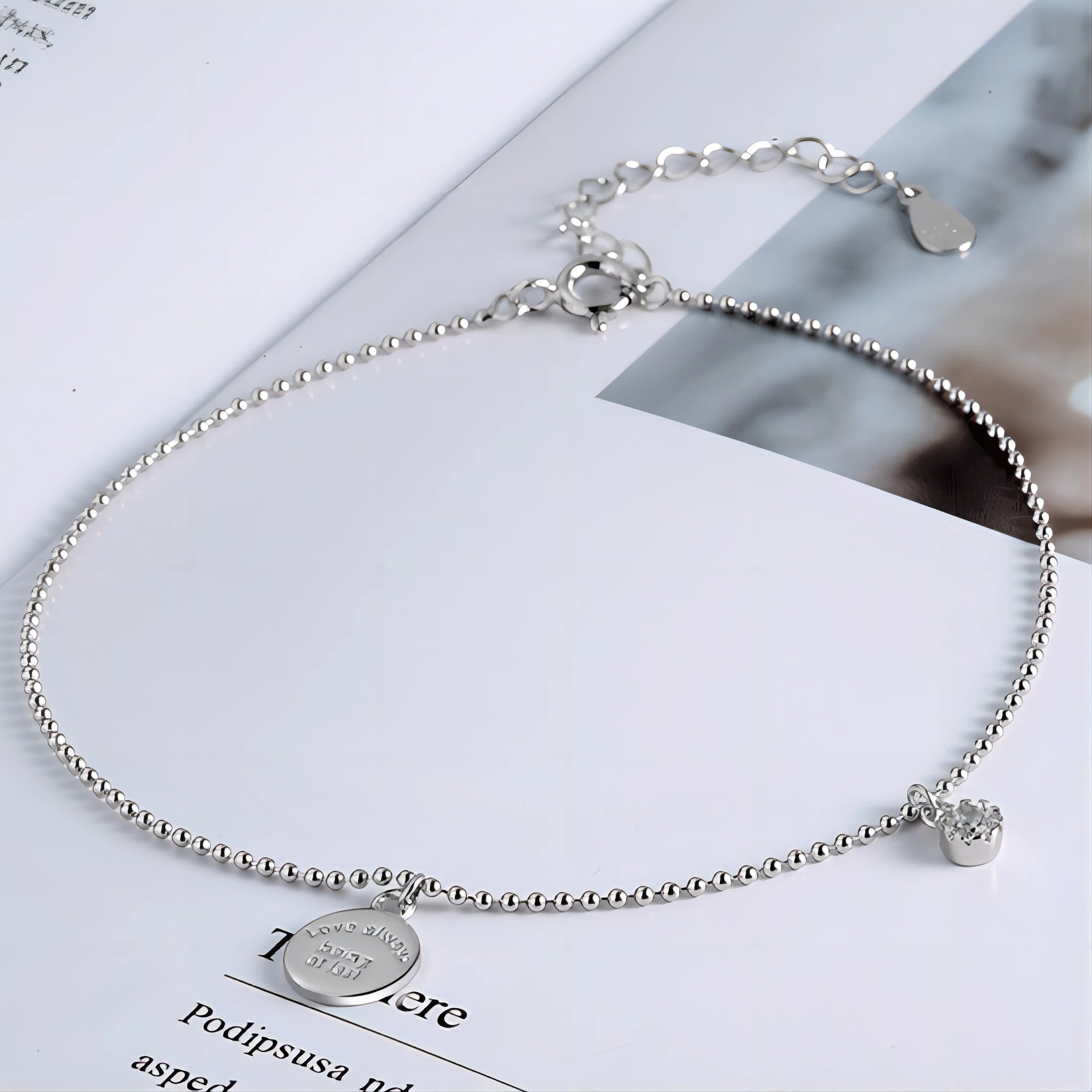 Cubic Zirconia 925 Sterling Silver Bead Chain Charm Ankle Bracelet Foot Chain Medallion Pendant Anklets