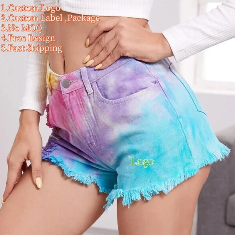 Women's High Waist Tie-Dye Fringe Hem Distressed Denim Shorts Loose Wide Leg Y2K Style for Summer Casual Pencil Pants Light Wash