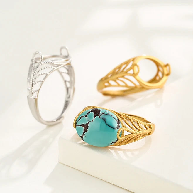 Gold Plated 925 Sterling Silver Semi Mountings Base Blank Ring for Amber Turquoise
