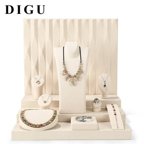 DIGU Wholesale White Beige Microfiber Low/High Cylindrical Jewellery Ring Necklace Bust Holder Stand Set