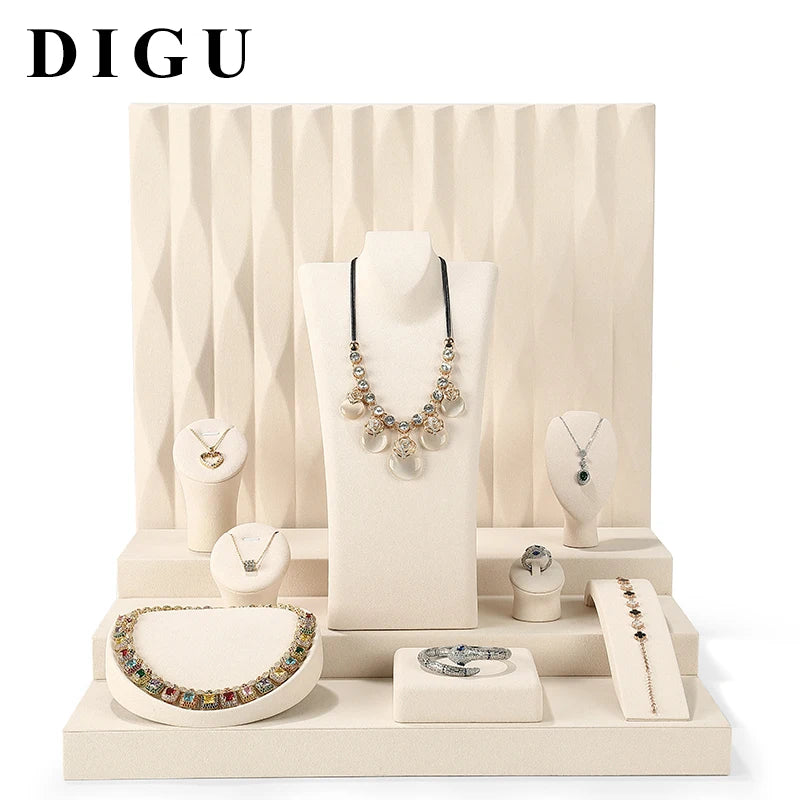 DIGU Wholesale White Beige Microfiber Low/High Cylindrical Jewellery Ring Necklace Bust Holder Stand Set