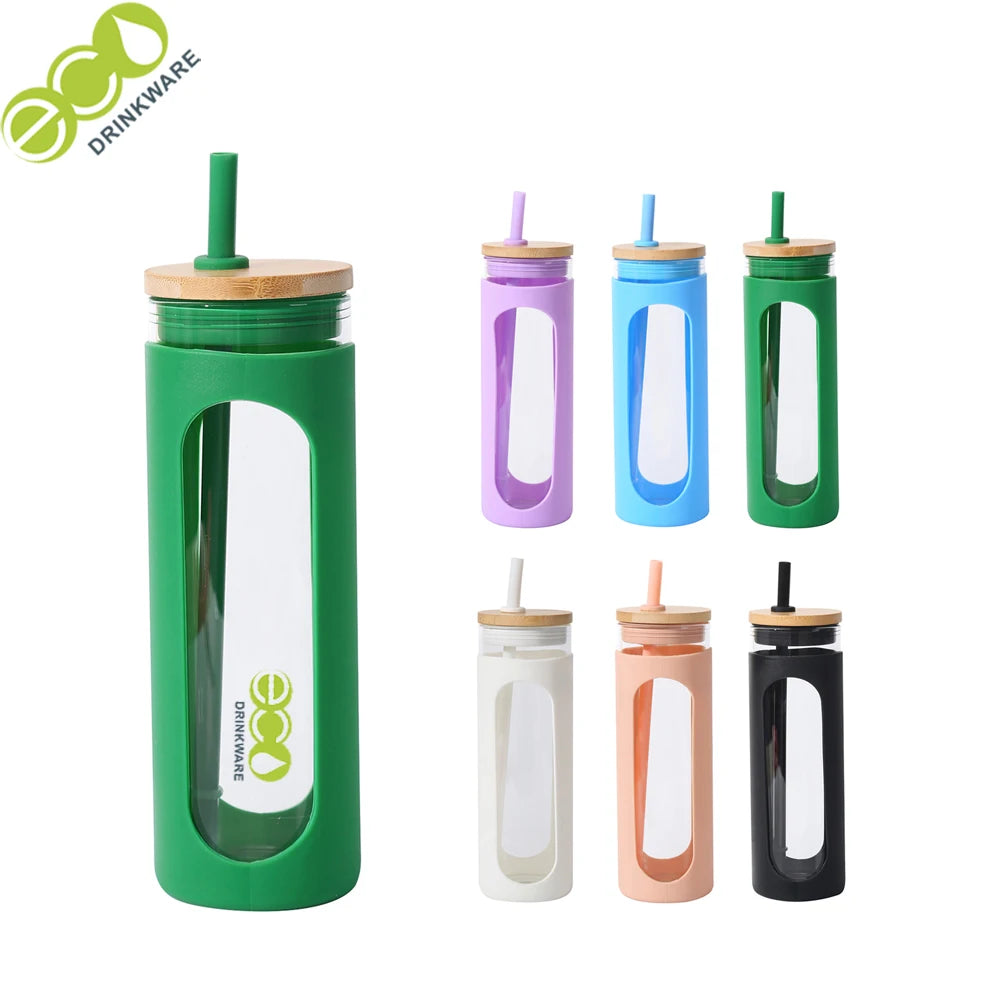 GA2010 600ML/21oz Manufactures Cute Eco Friendly Recycled Drink Juice Glass Water Bottles with Silicone Sleeve and Bamboo Lid