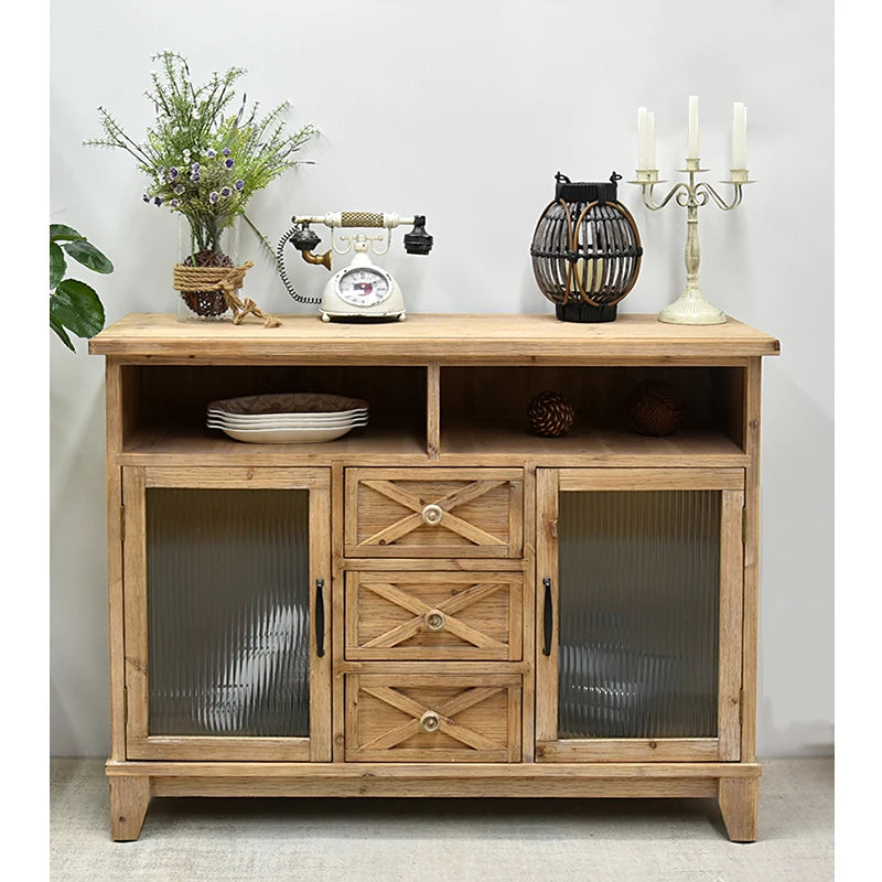 INNOVA Rustic Vintage Farmhouse Style Cabinets High Quality Glass Door Wooden Carved Storage Drawers for Home Bar Living Room