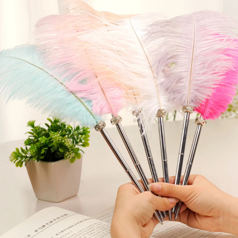 Vintage Europe Type Wedding Articles Metal Long Pen 40cm Beautiful Turkey Ostrich Metal Colorful Feather Ball Pen for Girls MegaBDM