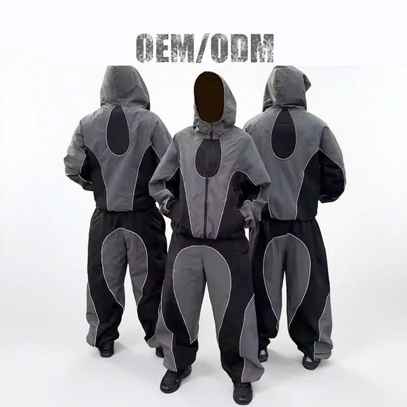 Custom Embroidered Sport Nylon Men's Patchwork Color Block Tracksuit Set Breathable Windbreaker Zipper Unisex Man Jacket Sets