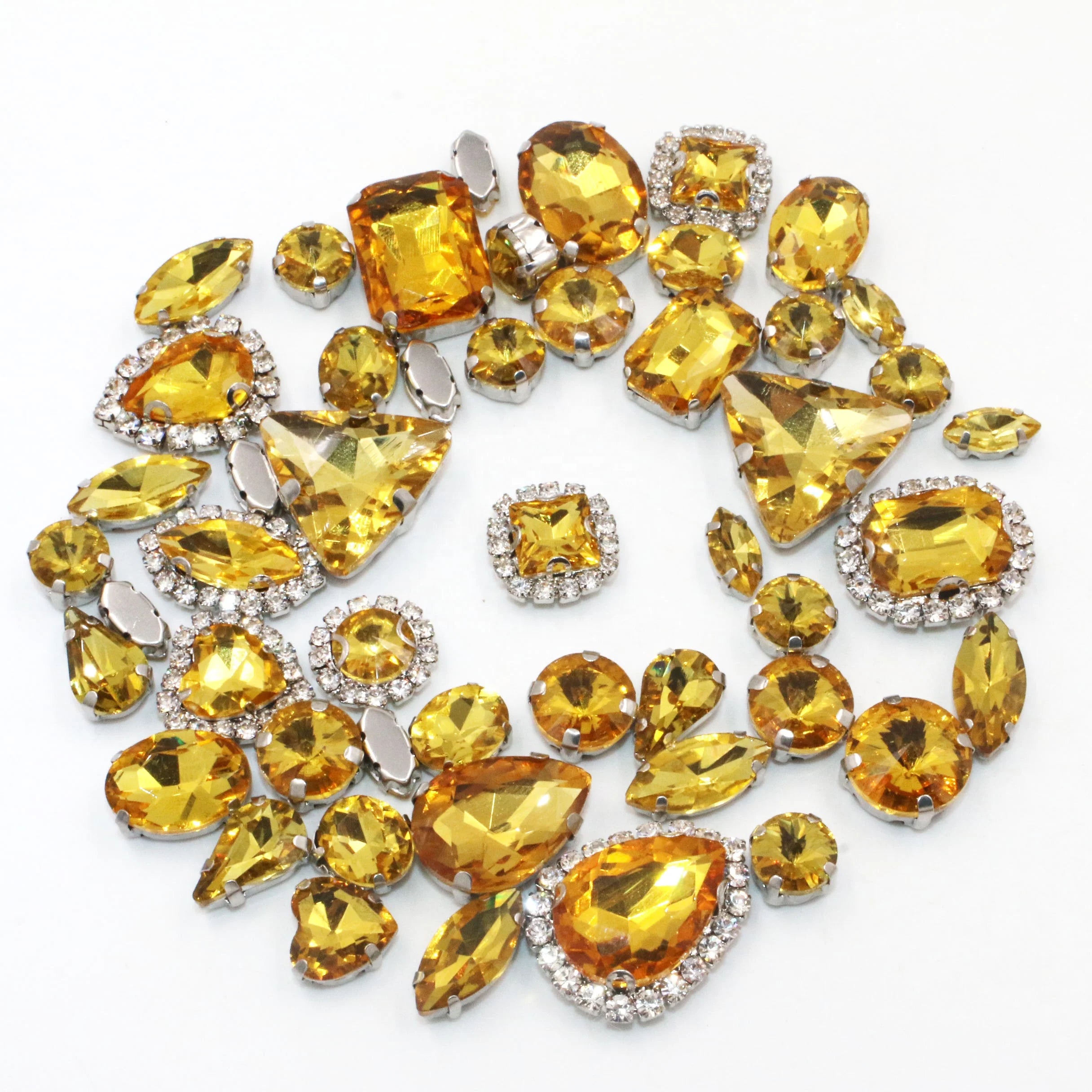 Golden Yellow Wholesale Mixed Shape Crystal Buckle Glass Rhinestones with Silver Claw for Decoration