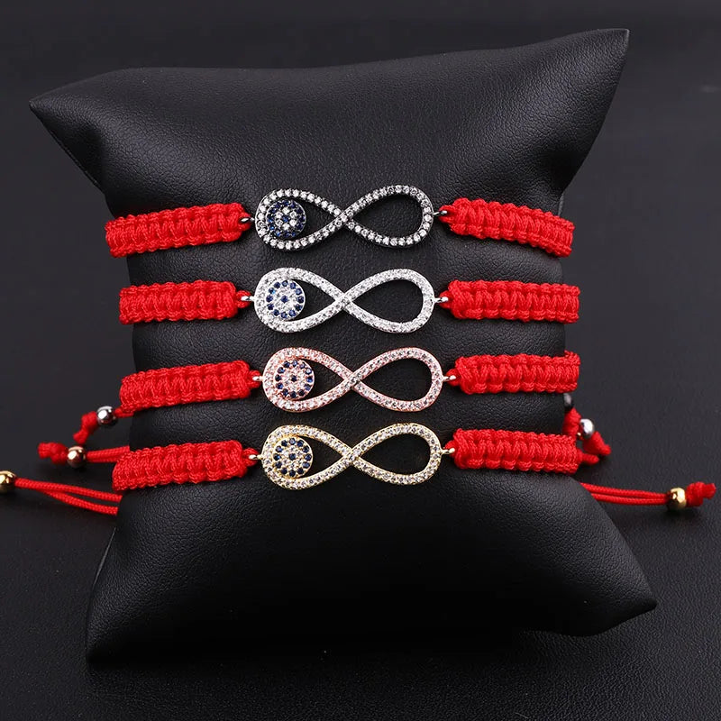 Hot Selling Red Rope Braided CZ Eye Infinity Charm Custom Logo Macrame Lucky Bracelet Women