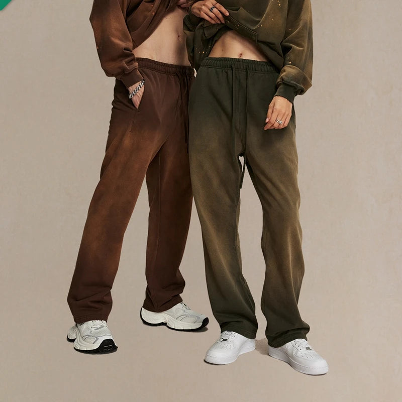Street Men's Clothing 450gsm Heavyweight Terry Cloth Vintage Acid Wash Faded Straight Leg Wide Bottom Baggy Pants Sweatpants